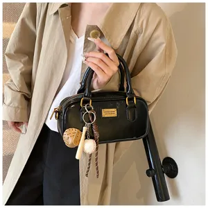 Women black Boston handbag vintage PU leather top handle shoulder crossbody bag with charms