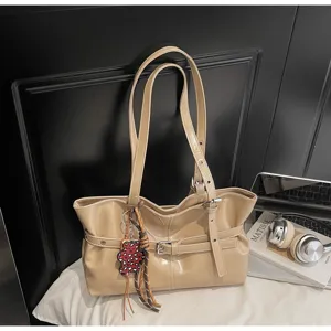Borsa tote in pelle PU beige retrò da donna, borsa a spalla casual di grande capacità per lavoro.