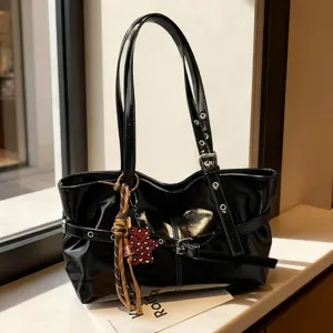 Borsa tote nera lucida da donna grande capacità borsa a spalla vintage borsa casual giornaliera