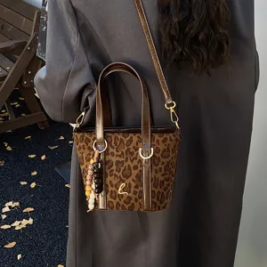 Korean vintage leopard print bucket bag women autumn winter PU suede patchwork shoulder bag