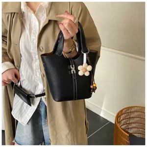 Schwarze Leder Eimer Tasche Damen stilvolle Handtasche Retro minimalistische Umhängetasche