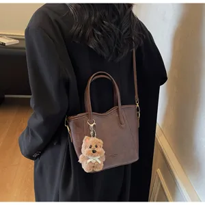 Retro vintage bucket bag women autumn winter stylish crossbody shoulder tote bag with cute pendant