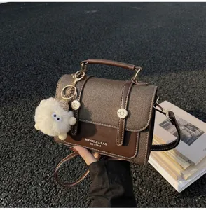 Retro women's messenger bag chic PU leather shoulder crossbody bag with cute fluffy sheep pendant