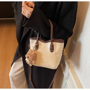 Retro contrast bucket bag women autumn winter fashion crossbody shoulder handbag with bear charm