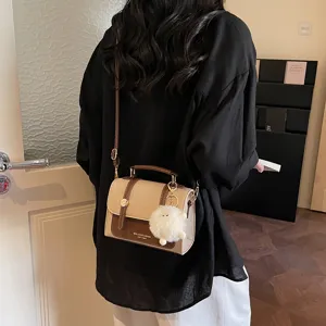 Vintage two-tone women crossbody bag retro small square shoulder bag with plush ball charm