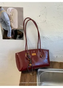 Bolso de hombro vintage rojo angola, elegante bolso de cuero brillante para mujer.