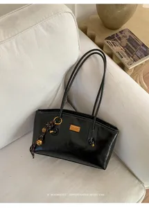 Bolso de hombro retro minimalista para mujer, elegante bolso negro de cuero brillante