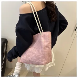 Literary Large Capacity Pink Plaid Shoulder Bag Korean Style Fashion Casual Tote Bag for Women