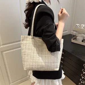 Women's Fashion Large Capacity Plaid Tote Bag Casual Woven Fabric Shoulder Bag Chic Daily Commuting Handbag