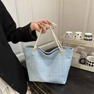 Stylish large capacity plaid tweed tote bag with rope handles for women summer use.