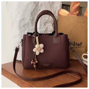 Retro chic women shoulder crossbody bag, spring summer fashion brown pu leather handbag with flower.