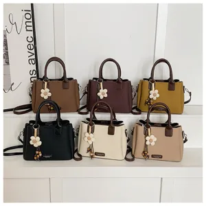 Vintage chic women shoulder bucket bag with flower charm stylish casual crossbody handbag