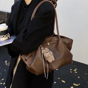 Borsa a tracolla marrone in pelle PU stile francese, grande borsa casual versatile.