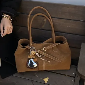 Women's Urban Minimalist Frosted Suede Tote Bag Large Capacity Casual Commuting Shoulder Bag With Contrast Stitching And Pendants