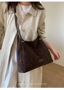 Brown suede slouchy shoulder bag for women, large capacity minimalist tote for daily commute.