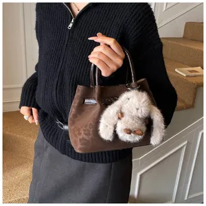 Women leopard pattern bucket bag vintage handbag with cute plush rabbit charm daily chic