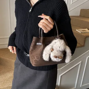 Retro Leopard Print Bucket Bag Women PU Leather Handbag Casual Versatile Shoulder Bag With Plush Rabbit Pendant