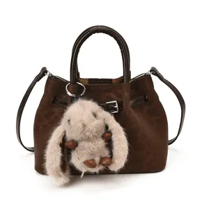 Women retro leopard print bucket bag with cute plush bunny charm single shoulder tote handbag