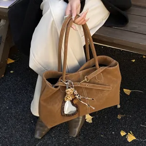 Brown suede tote bag for women, stylish niche design shoulder bag, versatile commuter bag
