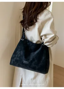 Black suede tote bag for women, large capacity shoulder bag for commuting daily use