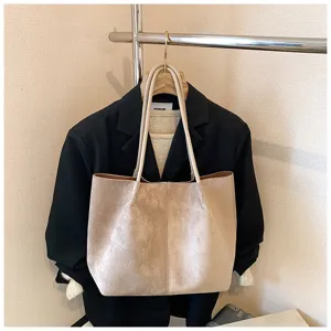 Vintage suede tote bag, large capacity shoulder bag, casual everyday handbag for women.