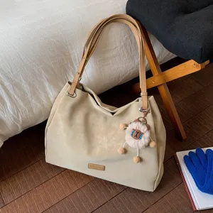 Women Large Capacity Tote Bag Frosted Suede Commuter Shoulder Handbag Solid Color Casual Daily Bag