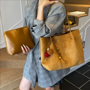 Retro Suede Tote Bag For Women Large Capacity Casual Shoulder Handbag Commuter Solid Color Shopper Bag With Pendant