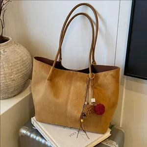 Vintage suede tote bag large capacity shoulder handbag casual daily commute chic purse