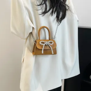 Chique mini schoudertas met sprankelende strass-strik, trendy Franse crossbody tas voor dames