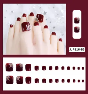 Bordeauxkleurige strass neptenenagels, een luxe set van 24 stuks kunsttenennagels.