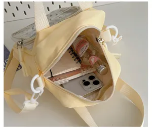 Bolso bandolera de lona amarilla estilo japonés con bolsillo frontal transparente chic