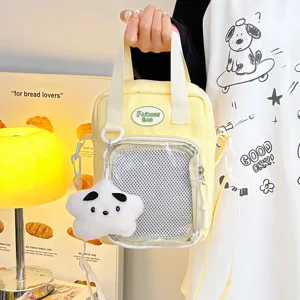 Bolso Ita de Estilo Japonés para Mujer Bolso Bandolera con Bolsillo de Red Transparente y Lindo Colgante de Nailon