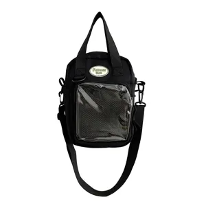 Bolso de lona estilo japonés tipo tote bandolera con bolsillo transparente negro