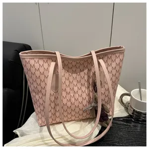 Pink large capacity tote bag with monogram pattern stylish shoulder bag for women daily commute
