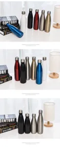 Stainless steel vacuum insulated cola water bottle in various metallic and solid colors.