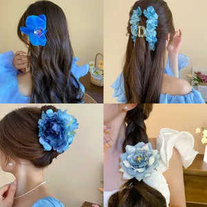 Blue flower hair claw clip, elegant orchid peony hair accessory for women vacation style