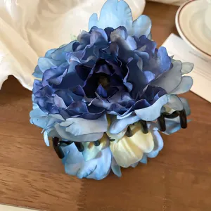 Blue Peony Butterfly Orchid Floral Hair Claw Clip With Artificial Pearl Large Fabric Flower Shark Clip Vacation Style Hair Accessories For Women