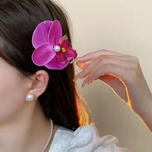 Resort style pearl phalaenopsis flower hair clip sweet back head hair accessory for women