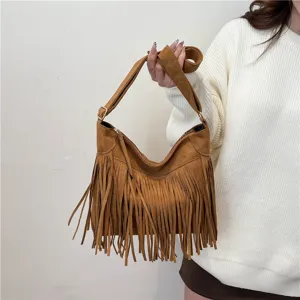 Retro brown suede fringe shoulder bag for women, stylish crossbody hobo bag main view.