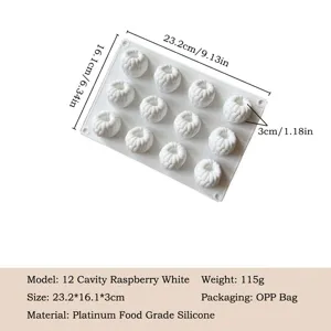 12-Loch-Silikonform für Mousse-Kuchen in Fruchtform mit Maßen und Spezifikationen