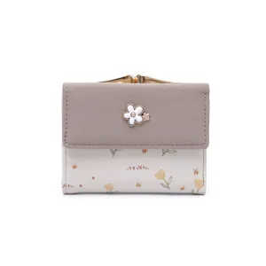 Petit portefeuille trifold pour femme avec motifs fleurs et abeilles en crème et marron
