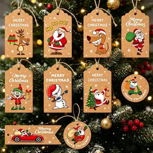 Close-up of various Christmas kraft paper tags with Santa and reindeer designs on a tree