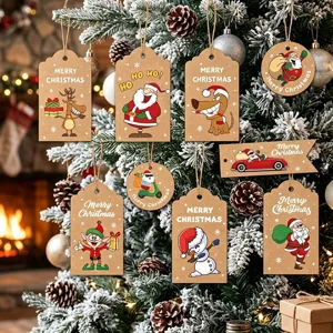 Detailed view of various Christmas kraft paper gift tags hanging on a decorated tree