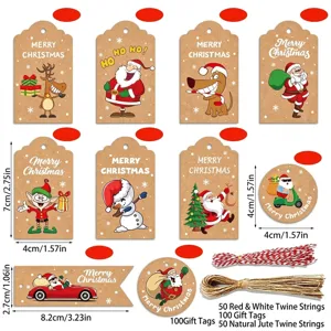 Christmas kraft paper tags set with Santa and reindeer designs including hemp ropes
