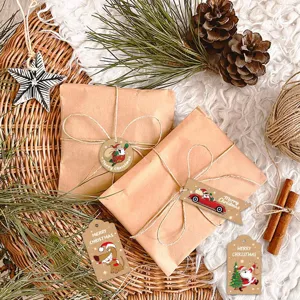 Christmas kraft paper gift tags featuring Santa Claus and Merry Christmas text on wrapped gifts