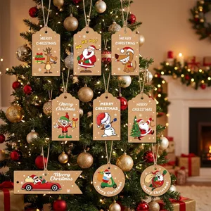 Festive set of 50 Christmas kraft paper gift tags with colorful Santa and reindeer motifs
