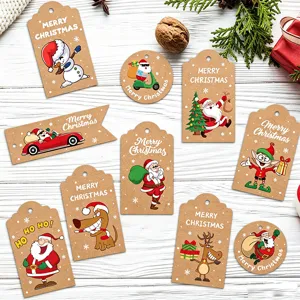 Detailed macro view of assorted Christmas kraft paper gift tags with festive illustrations.