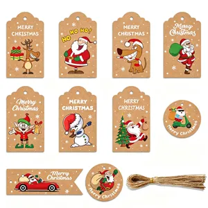 Variety of Christmas kraft paper gift tags with festive Santa and reindeer designs