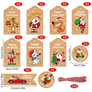 50pcs kraft paper Christmas gift tags set with santa clauses patterns and strings