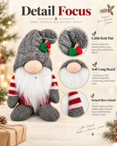 Dettaglio dello gnomo di Natale con cappello a trecce, barba morbida e maniche a righe.